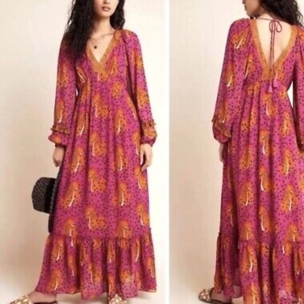 Anthropologie X FARM Rio Pink Cheetah Maxi Dress Medium